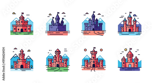 A colorful collection of fairytale castles depicted in a flat illustrative style showcasing architectural details silhouette high quality professional detailed modern