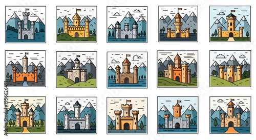 A colorful grid of medieval castles with varying architectural styles presented as flat illustrations silhouette high quality professional detailed modern