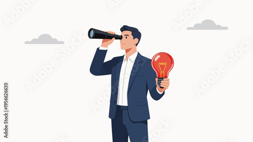 Businessman with telescope and lightbulb