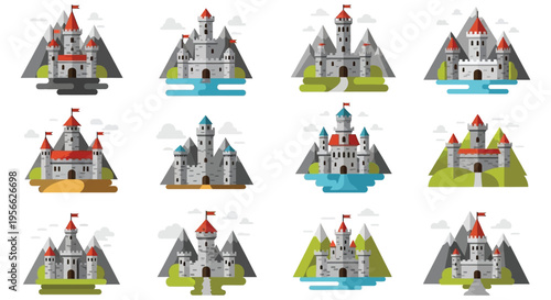 A colorful collection of fairytale castles depicted in a flat graphic style creating a whimsical landscape silhouette high quality professional detailed