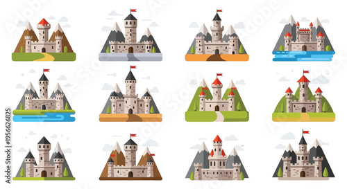 A colorful arrangement of twelve illustrated castles against varied backgrounds showcasing a flat design silhouette high quality professional detailed modern elegant