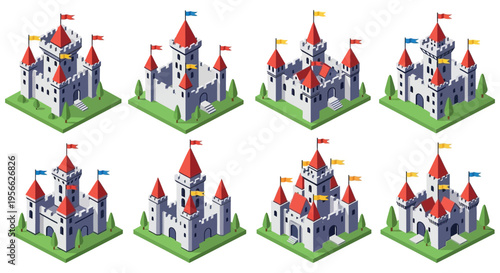 An isometric arrangement of eight colorful castles each with flags and detailed towers presented as a striking silhouette high quality professional