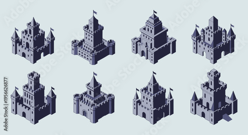Isometric view of eight detailed castle structures rendered in a monochromatic style presenting a striking silhouette high quality professional modern elegant