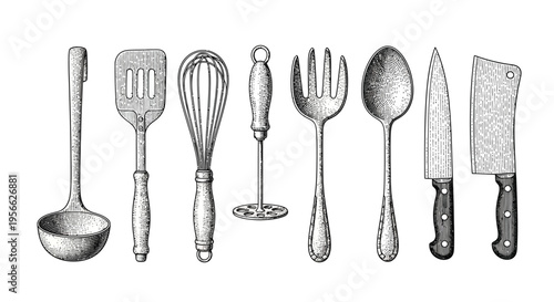 Vintage illustration of various kitchen utensils arranged in a horizontal row