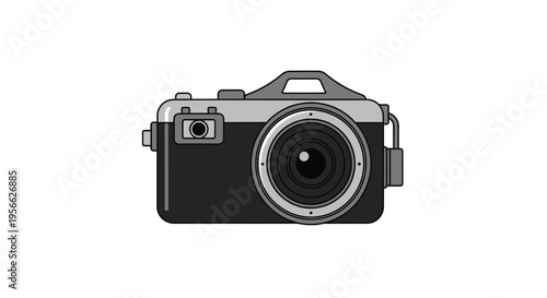 A flat gray illustration of a vintage film camera with a handle