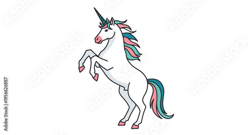 A white unicorn with a horn and colorful mane rears up on its hind legs.