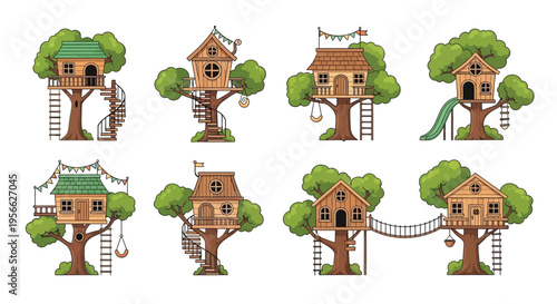 Colorful illustrations of whimsical treehouses nestled amongst lush green trees