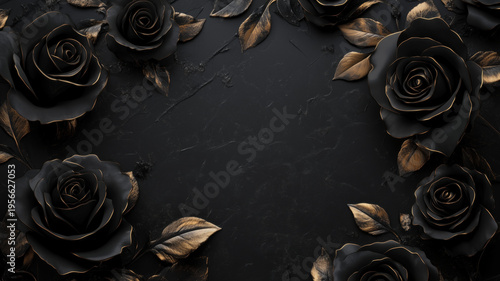 Black roses on a dark marble stone background with copy space