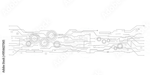 Futuristic  technology background with glowing circuit lines and mechanical gears on dark navy, modern industrial automation and engineering concept design banner
