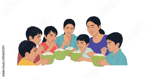 Family enjoying fresh coconut drinks together in a cheerful illustration