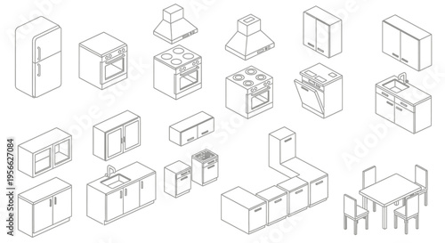 Isometric kitchen appliances and furniture arrangement in a black and white style