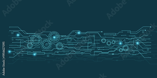 Futuristic glowing teal technology background with circuit lines and mechanical gears on dark green, modern industrial automation and engineering concept banner template
