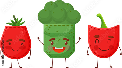 Set paprika broccoli tomato shaped patch pocket.  Cartoon style. Isolated