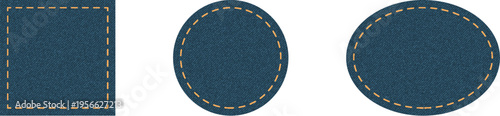 Set of blue denim patches square circle oval. Different shapes with place for your text isolated on white background
