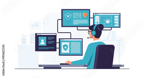 A modern digital security professional works at a multi monitor workstation depicted in a clean flat silhouette high quality detailed elegant stylish