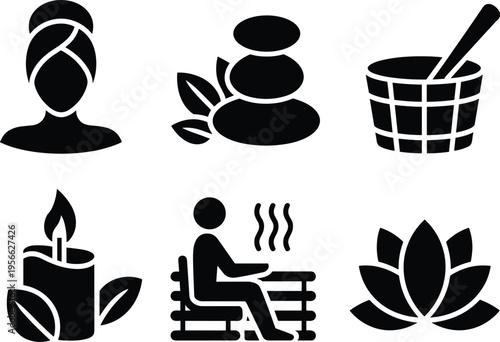 Collection of black spa and wellness icons including lotus flower sauna candle and massage stones isolated on white background for health and beauty branding