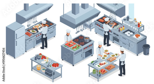 Isometric illustration of a busy commercial kitchen with chefs preparing food