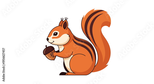 An illustration of a cute cartoon squirrel holding an acorn.