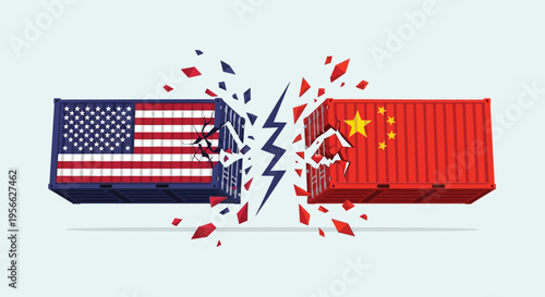 A visual representation of fractured trade relations between the united states and china depicted as colliding containers silhouette high quality professional