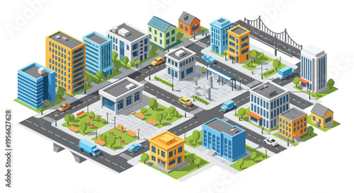 Isometric illustration of a colorful urban cityscape with buildings roads and vehicles presenting a striking silhouette high quality professional detailed modern