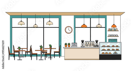 Illustration of a bright and airy cafe interior with tables and counter