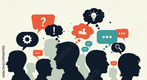 Silhouettes of people with speech bubbles.