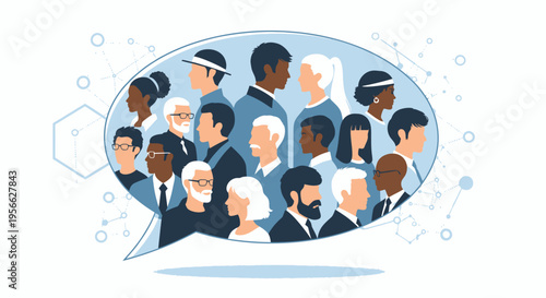 Diverse group of people in speech bubble.