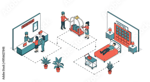 Isometric illustration depicting hotel services including check in and room service