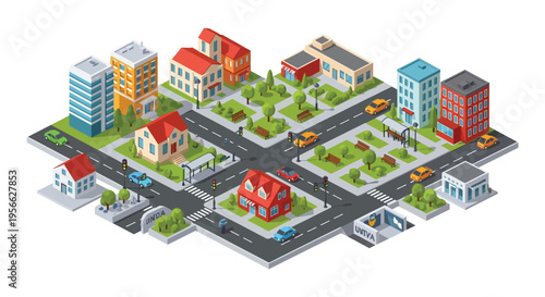 Isometric illustration depicting a colorful cityscape with buildings roads and tiny figures presented as a silhouette high quality professional detailed modern