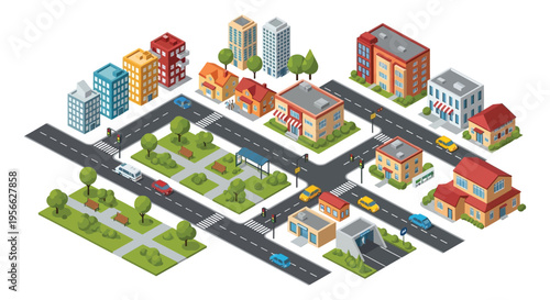 Isometric cityscape with colorful buildings roads trees and vehicles presented in a striking silhouette high quality professional detailed modern elegant stylish