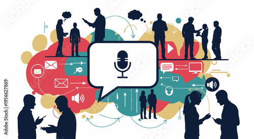 Silhouettes of people talking microphone.