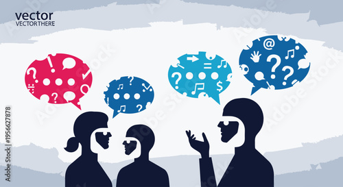 People talking with thought bubbles.