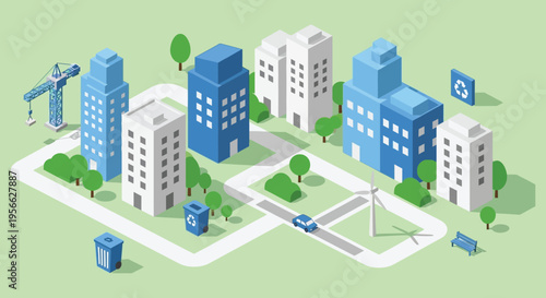 An isometric illustration depicts a modern sustainable city with buildings vehicles and renewable energy sources silhouette high quality professional detailed modern