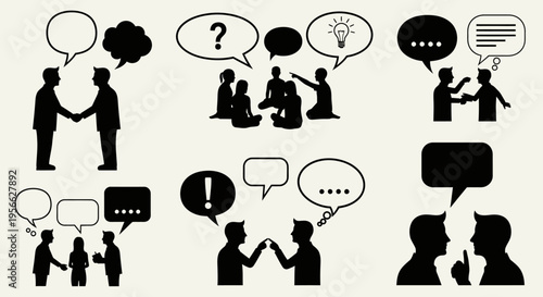 Black silhouettes of people talking.