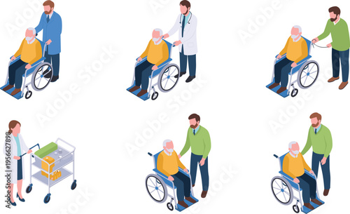isometric medical care illustration set, healthcare workers assisting elderly patients, wheelchair support scenes, hospital service concept, caregiving vector collection