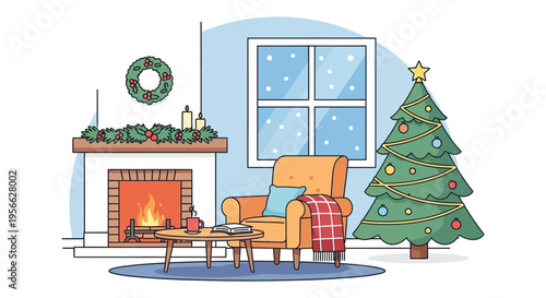 A cozy living room scene with a decorated fireplace christmas tree and armchair illustrated in a flat silhouette high quality professional