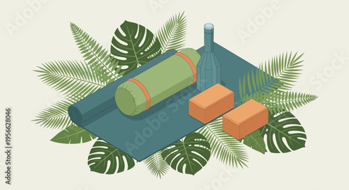A colorful isometric arrangement of tropical leaves a rolled mat bottle and blocks creating a vibrant still life silhouette high quality