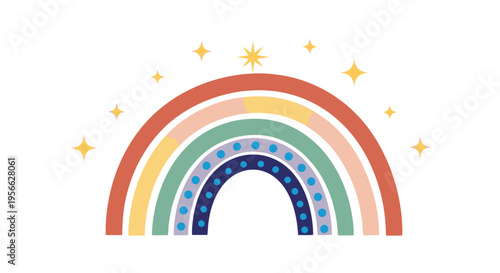 A stylized rainbow with stars against a white background.