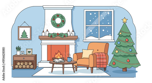 A cozy illustrated living room scene featuring a fireplace armchair and christmas tree in a charming silhouette high quality professional detailed