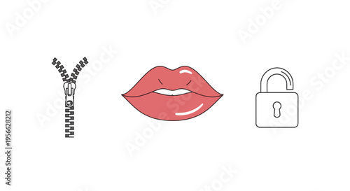 Mouth zipped shut concept with padlock symbolizing silence and secrets