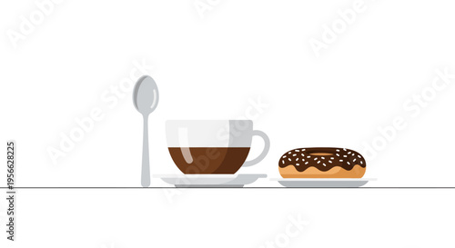 Coffee and donut on table with spoon in minimalist flat design