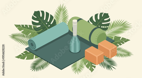Isometric illustration of yoga equipment amidst tropical foliage featuring a clean minimalist silhouette high quality professional detailed modern elegant stylish clean