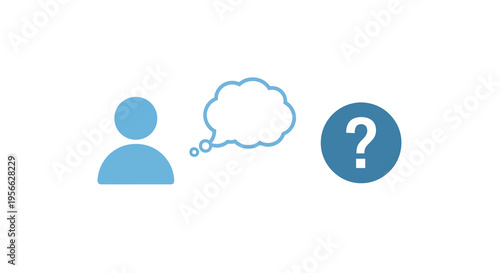 Person thinking with question mark icon: simplified blue design on white background