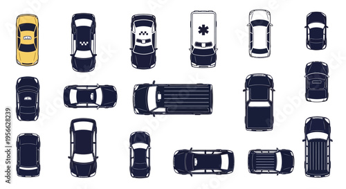 Overhead view of various vehicle types in a minimalist illustration