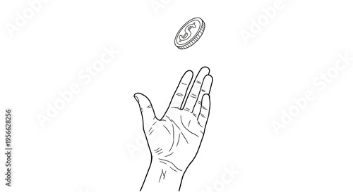 Hand tossing coin with dollar symbol in midair on white background