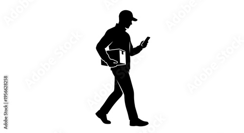 Black silhouette of a delivery man walking with a cardboard box and checking a smartphone isolated on white background for logistics and shipping concepts