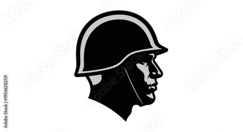 Bold silhouette of soldier in profile with helmet