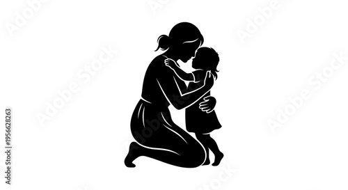 Black silhouette of a mother kneeling and hugging her young child isolated on white background for family and motherhood concepts