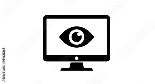 Monitoring eye on computer display icon in black and white