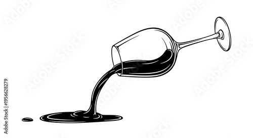 Black ink spill from tipped wine glass in minimalist style